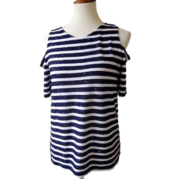 Chico's Cold Shoulder Striped Sequin Top L - Picture 1 of 6